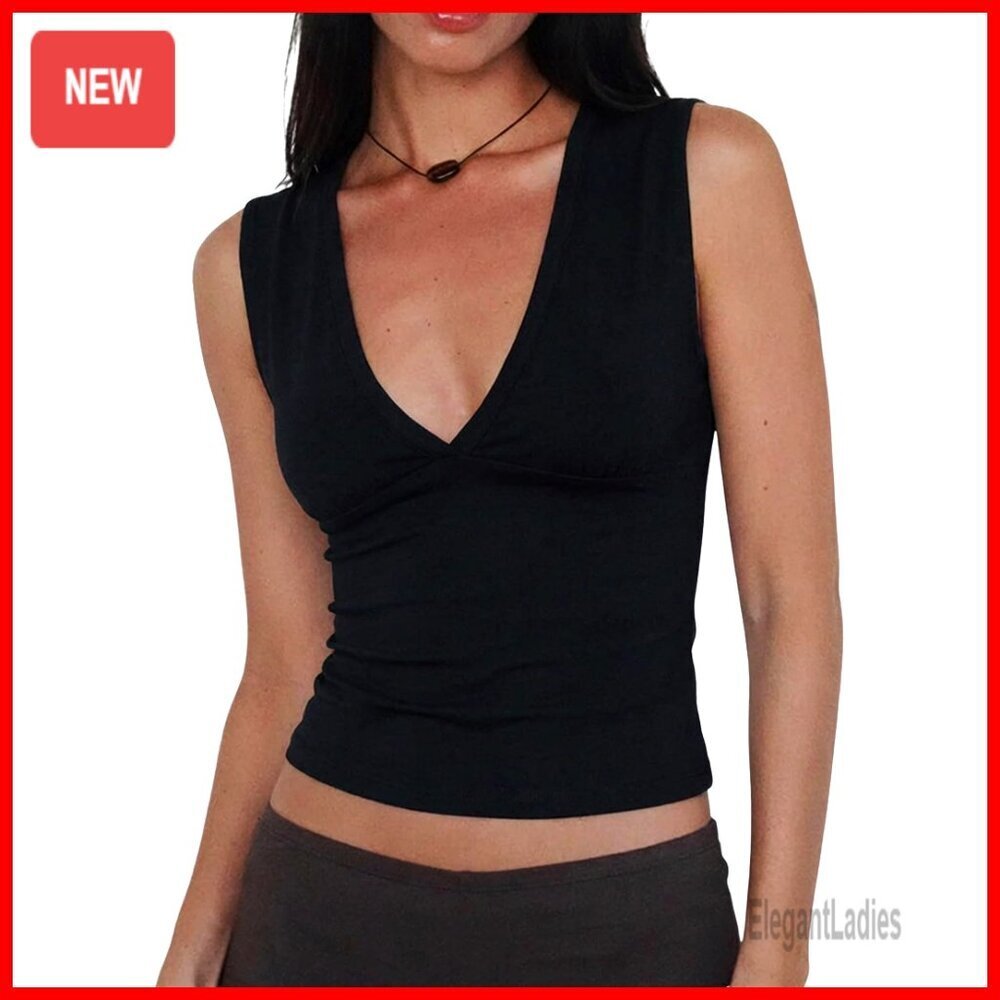 Stretchy V-Neck Crop Tank Top Sleeveless Summer Going Out